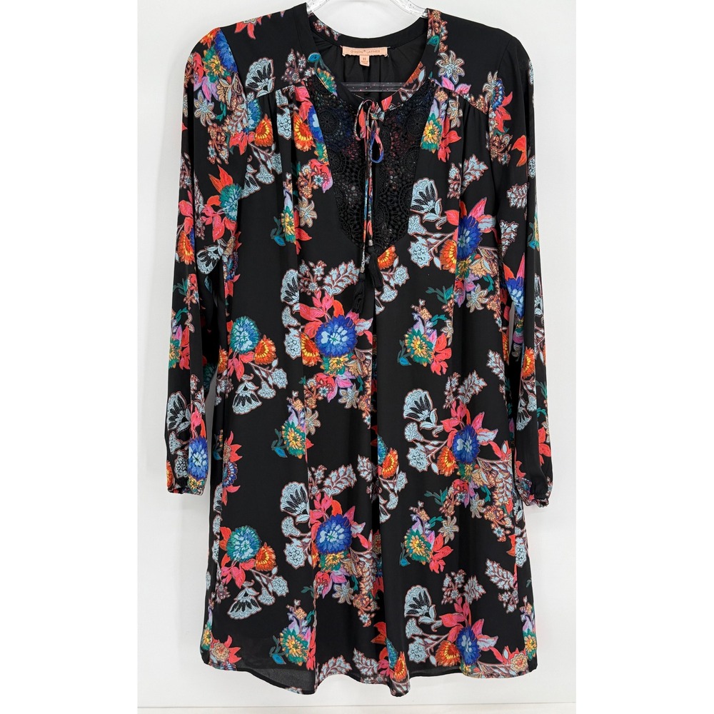 Gibson Latimer Womens Black Floral Paisley Lace Bib Long Sleeve Shift Dress Sz M